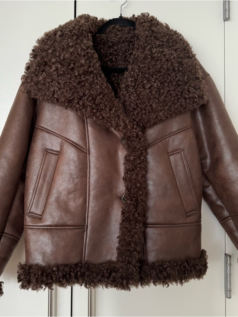 Lamarque Dark Brown Faux Fur Sherpa Leather Jacket - Picture 4 of 5